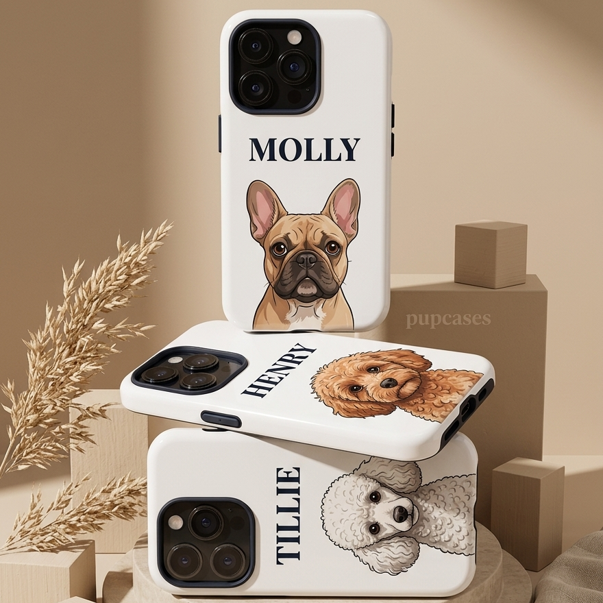Three white personalized phone cases stacked on beige pedestals, each printed with a different dog illustration and the name MOLLY, HENRY, and TILLIE. The cases are styled with beige blocks, dried grass, and draped fabric in a warm neutral setting.