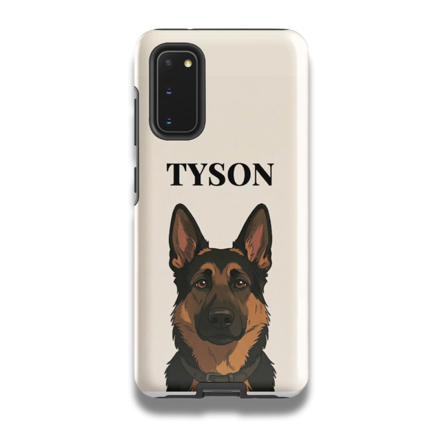 Samsung Phone case with a German Shepherd illustration and 'TYSON' text on a beige background