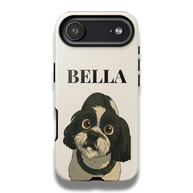 Phone case with a dog illustration and 'BELLA' text on a white background